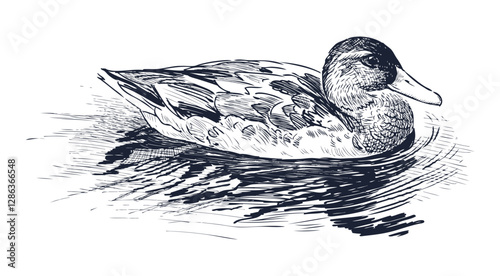 Sketch of floating wild duck in lake, realistic hand drawn vector illustration isolated on white