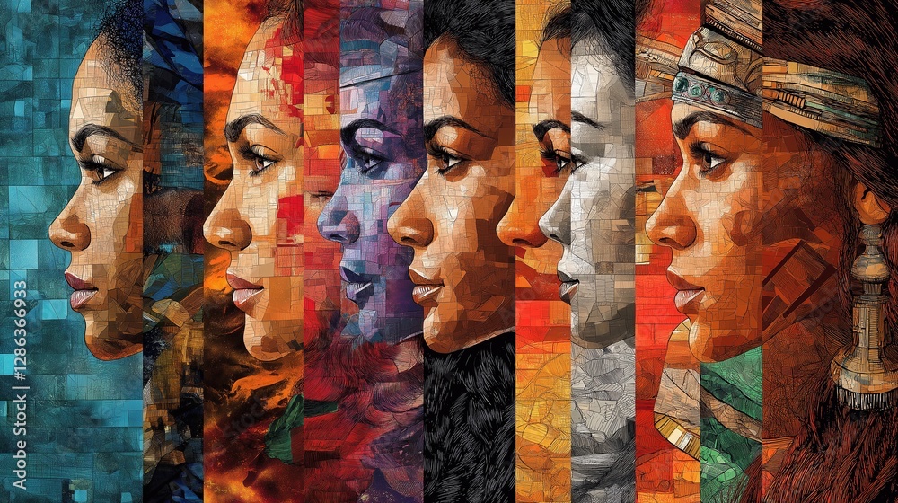 Fototapeta premium collage of different etnic female ,illustration