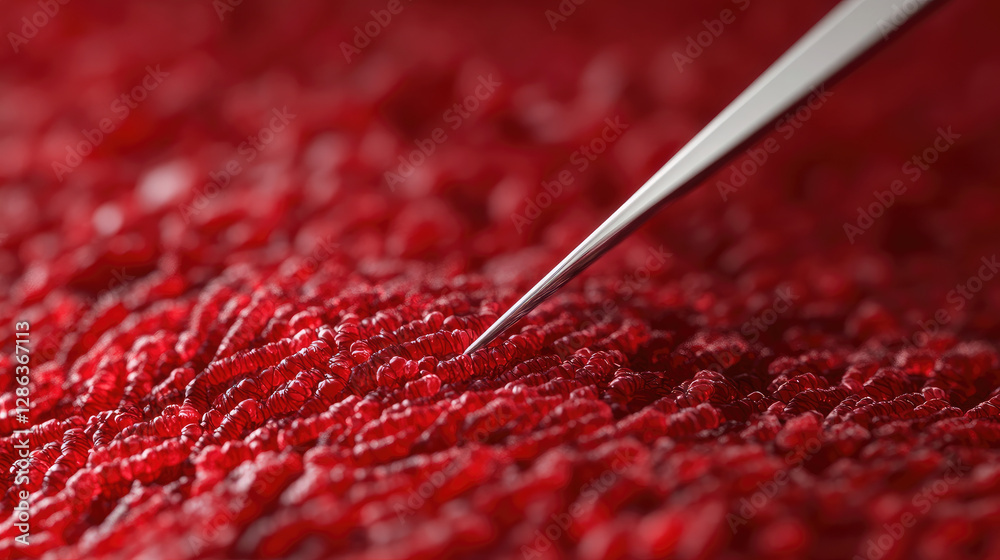A close-up view of vibrant red textured material, featuring a fine tool delicately interacting with its surface.
