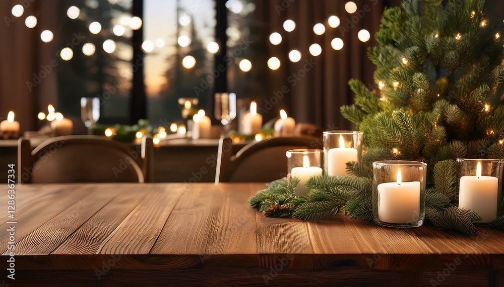 Festive wooden table with twinkling lights, candles, and an evergreen tree, holiday, warm, inviting Festive wooden table with twinkling lights, candles, and an evergreen tree, holiday, warm, inviting