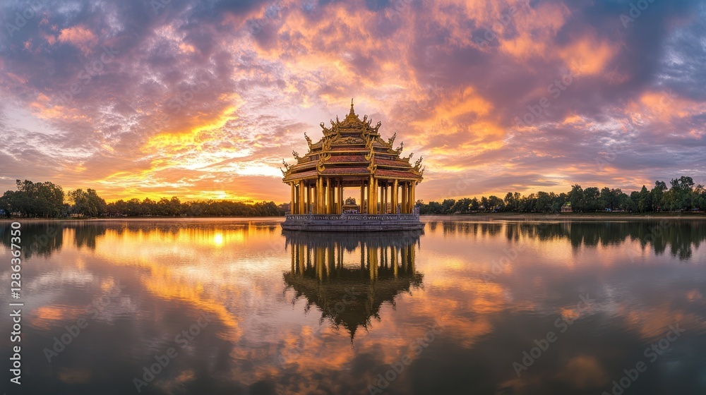 Fototapeta premium Sunset at Ancient Pavilion on Water with Stunning Sky Reflection