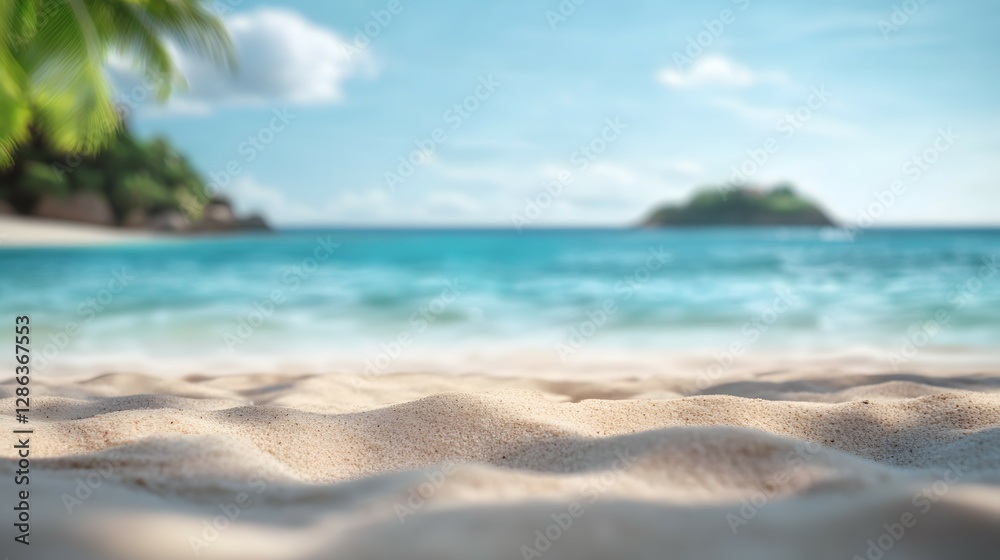 Beautiful, blurred background of a sandy, tropical beach and sea with an island in the distance. This evokes a summer vacation concept Beautiful, blurred background of a sandy, tropical beach and sea with an island in the distance. This evokes a summer vacation concept