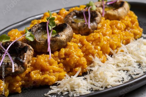 Pumpkin risotto with mushrooms and parmesan cheese on black plate
