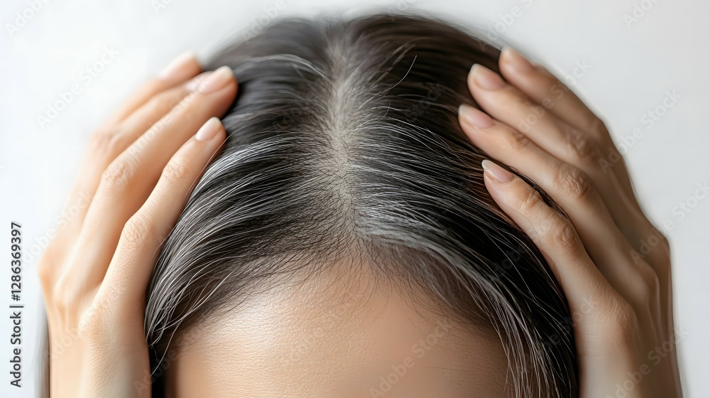 Naklejka premium Close-up of an Asian woman with her hands on the back of her head, showing hair loss in the top part of her black hairstyle, against a white background.