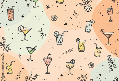 a variety of colorful cocktails and garnishes, including martinis, margaritas, and daiquiris, set against a light peach background with scattered leaves and flowers.
