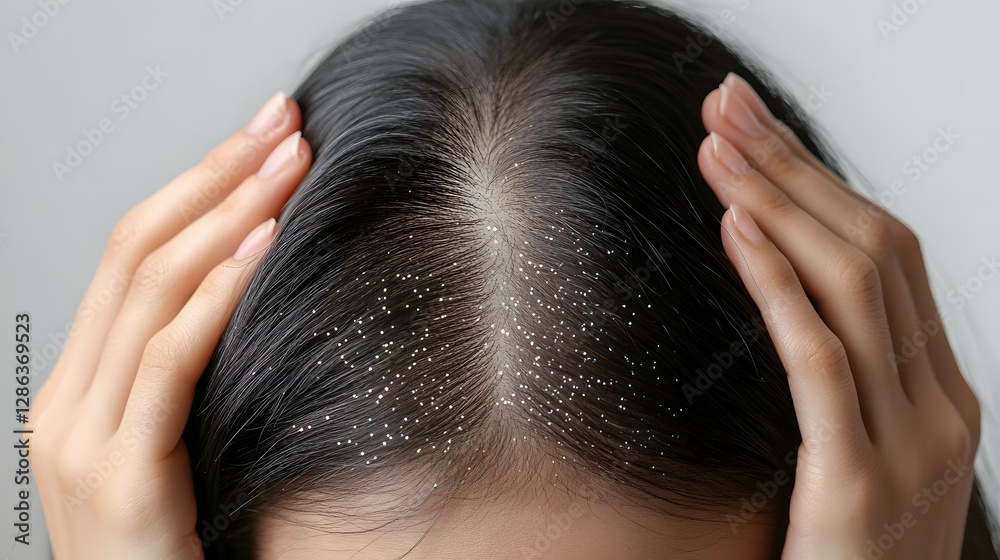 Naklejka premium Close-up of an Asian woman with her hands on the back of her head, showing hair loss in the top part of her black hairstyle, against a white background.