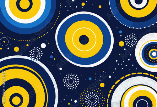 various concentric circles and dots in shades of blue, yellow, and white, with some overlapping and others spaced apart.