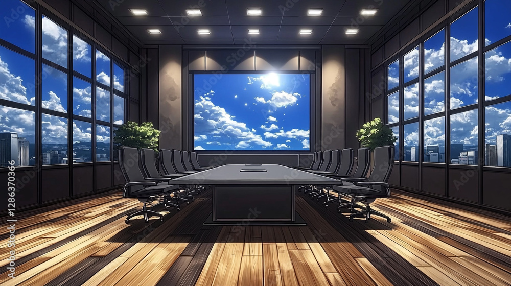 Fototapeta premium Modern Conference Room with Large Windows and Scenic View of Clouds and Skyline Illuminated by Bright Sunlight