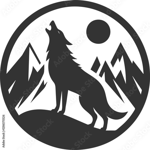 A animal silhouette of a angry wolf howling on the peak of a jagged mountain black vector