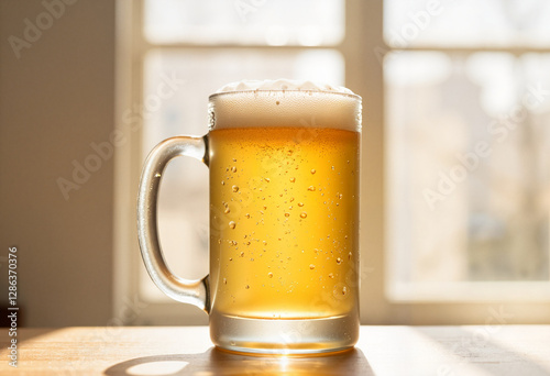 Close-up of a refreshing beer mug on kitchen counter, morning light