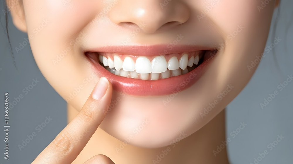 Obraz premium Close-up of a Japanese woman pointing to her teeth with a perfect white smile, isolated on a solid background
