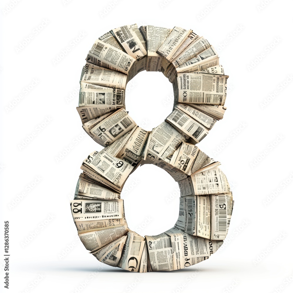 Number 8 made of compressed newspaper stacks with visible printed text and slight creases forming a rough texture isolated on a clean white background Number 8 made of compressed newspaper stacks with visible printed text and slight creases forming a rough texture isolated on a clean white background