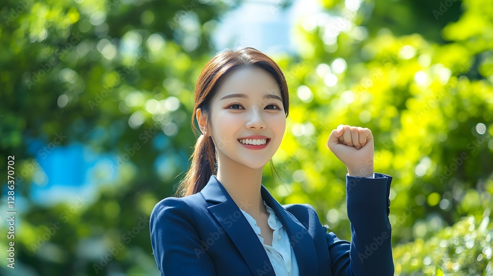 Happy young businesswoman in a suit celebrating success outdoors with a blue sky and green tree background Happy young businesswoman in a suit celebrating success outdoors with a blue sky and green tree background