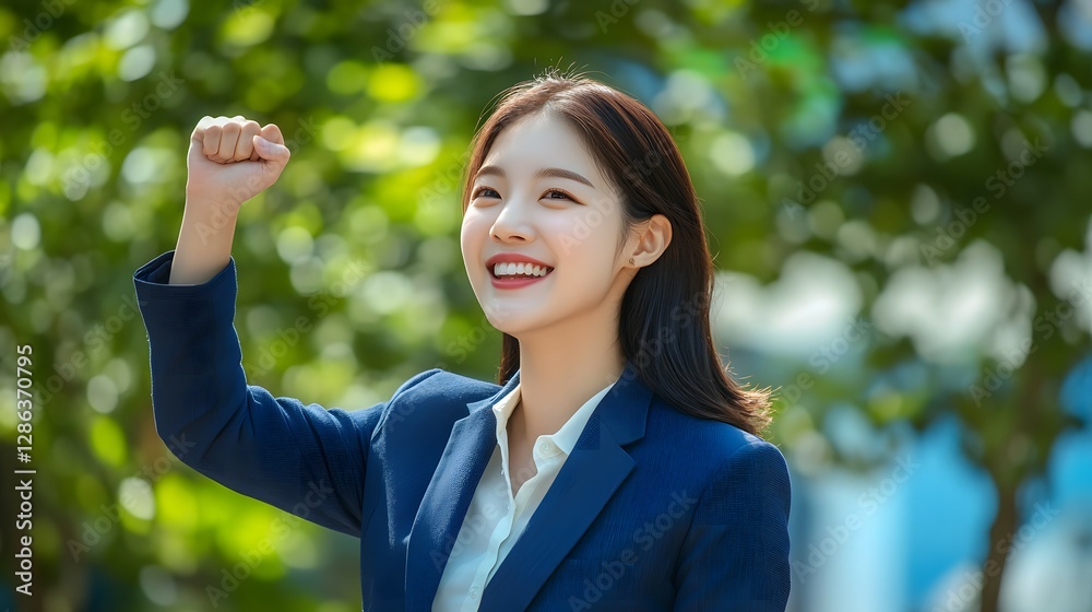Happy young businesswoman in a suit celebrating success outdoors with a blue sky and green tree background Happy young businesswoman in a suit celebrating success outdoors with a blue sky and green tree background