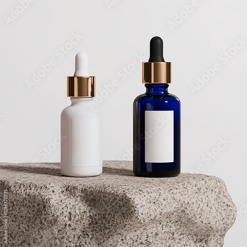 Premium skin care serum bottles. Minimalist photo of high-quality product with niacinamide and zinc benefits photo