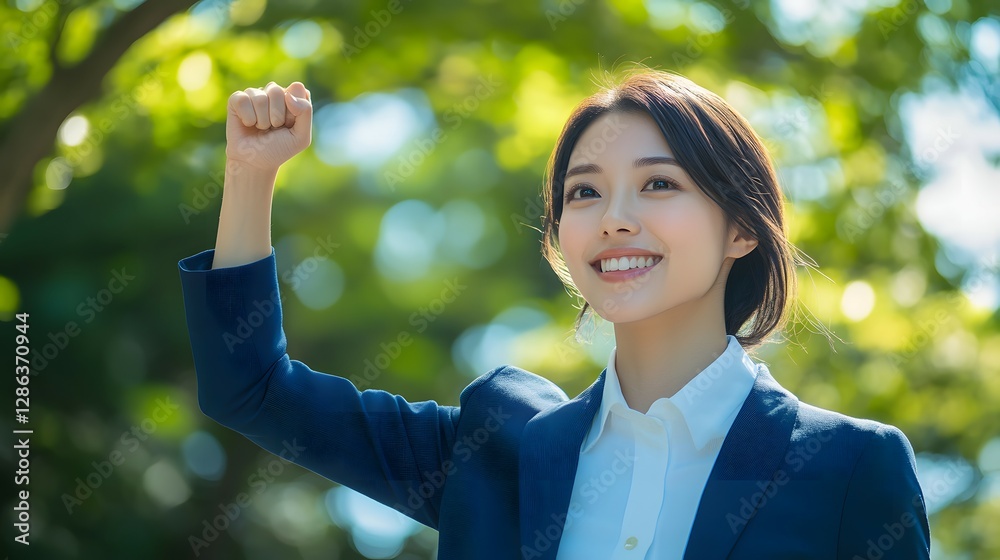Happy young businesswoman in a suit celebrating success outdoors with a blue sky and green tree background Happy young businesswoman in a suit celebrating success outdoors with a blue sky and green tree background