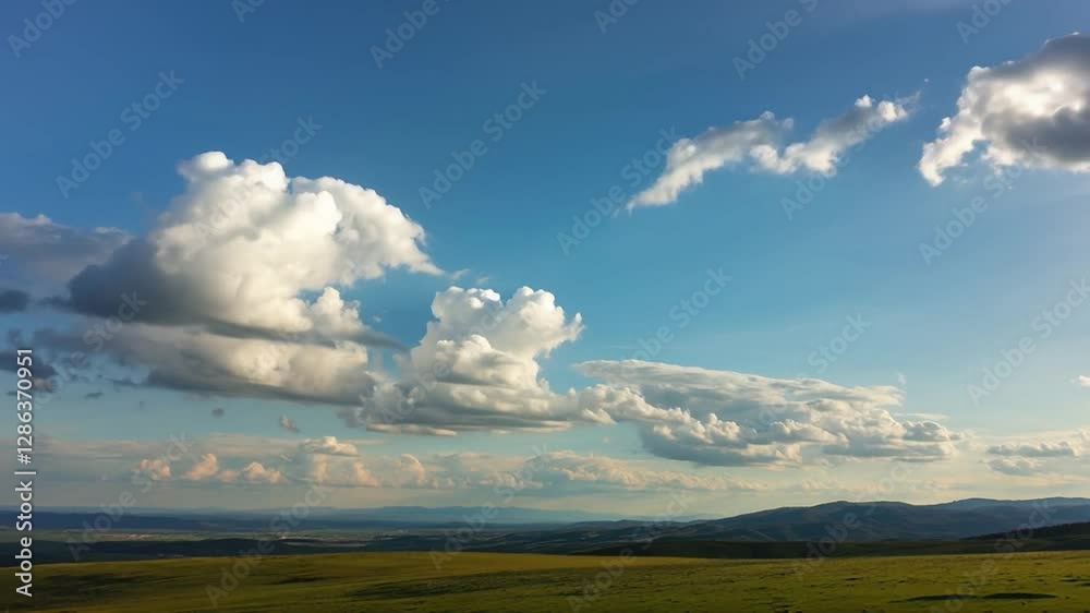 Expansive green field under a majestic large cloud and a few fluffy clouds in the blue sky above Expansive green field under a majestic large cloud and a few fluffy clouds in the blue sky above