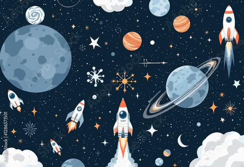 a space scene with planets, stars, and a rocket ship, all set against a dark blue background with white clouds.