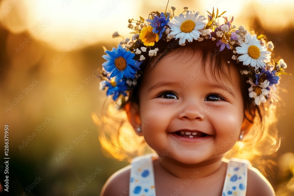 Golden hour in sunset. Happy asian infant girl wearing blue flower circlet on her head. Happy summertime symbol. Girl enjoying summer holidays. Summer adventure for kids. Summer joy for kids. Golden hour in sunset. Happy asian infant girl wearing blue flower circlet on her head. Happy summertime symbol. Girl enjoying summer holidays. Summer adventure for kids. Summer joy for kids.
