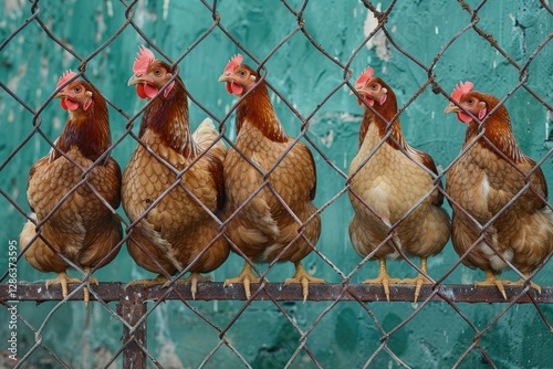High Quality Picture of Brood of Hens Behind Fence