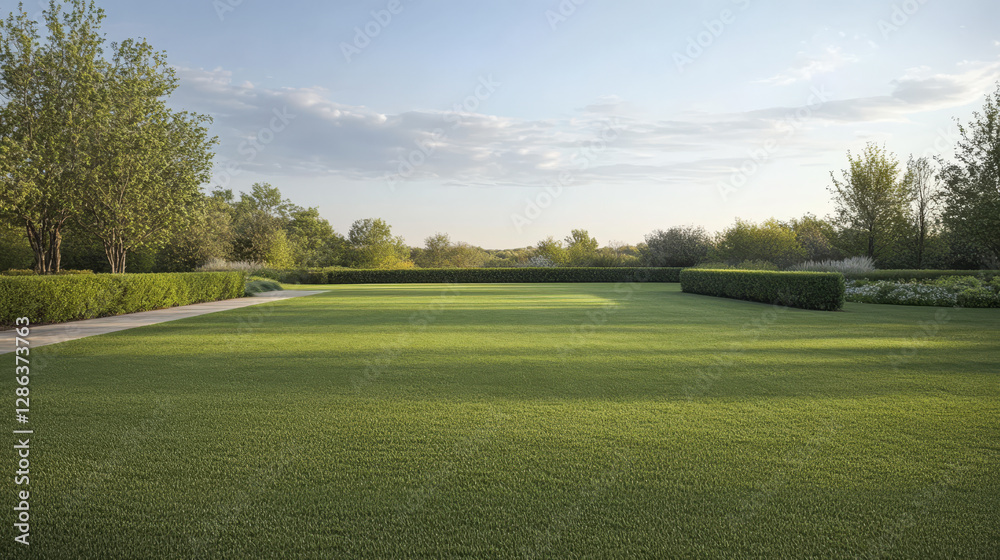 Naklejka premium Spacious green lawn surrounded by lush trees in a tranquil setting with soft afternoon light