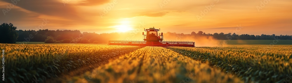 Fototapeta premium Golden sunset backdrop highlighting advanced farming technology