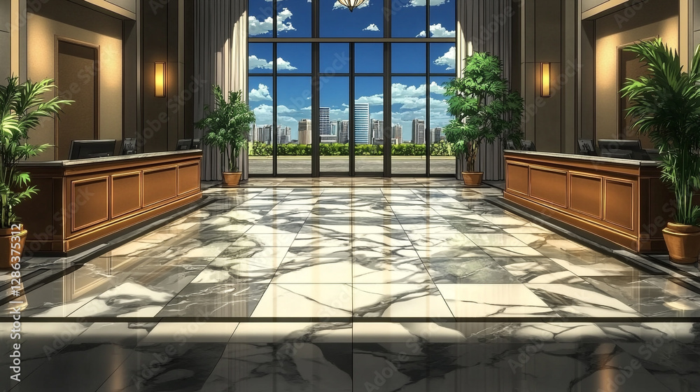Fototapeta premium Modern Lobby with Luxurious Marble Floor, Large Windows, and Urban View in Daylight Featuring Elegant Plants and Reception Desks