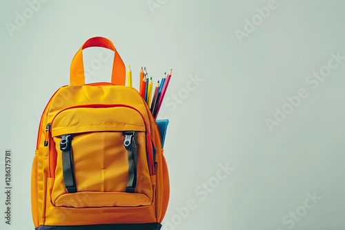 High Detail Picture of Backpack with School Supplies on White Background