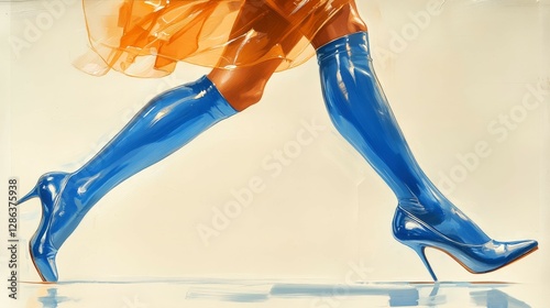 Dynamic movement of vibrant cobalt blue legs in striking cubist style
