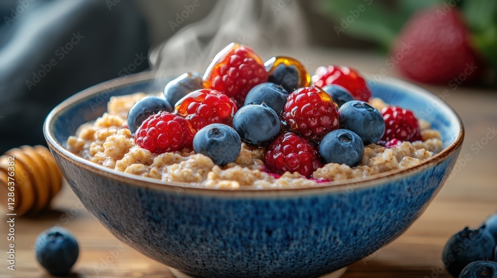 Warm oatmeal topped with fresh berries and honey for a cozy breakfast Warm oatmeal topped with fresh berries and honey for a cozy breakfast
