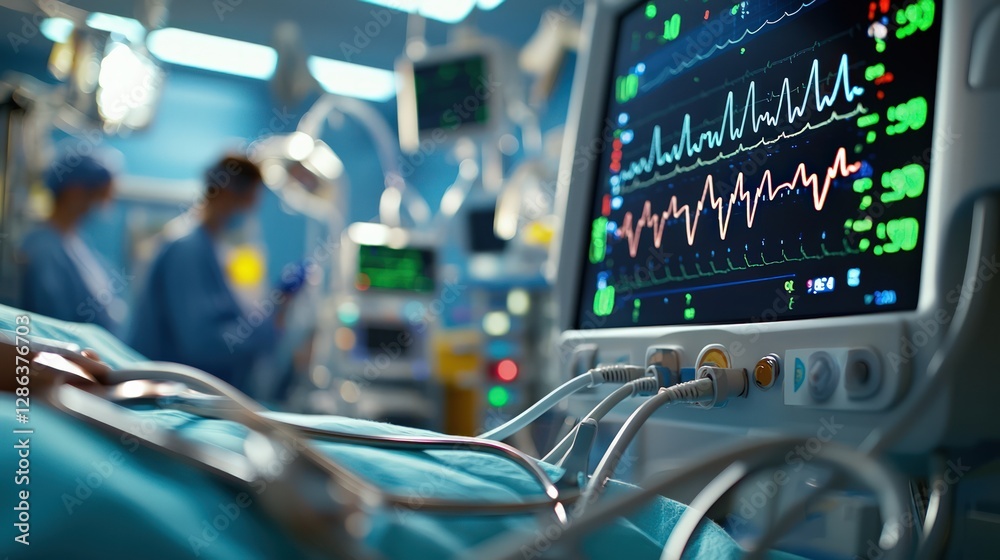 Healthcare Monitoring Equipment Displaying Vital Signs in a Busy Hospital Environment Healthcare Monitoring Equipment Displaying Vital Signs in a Busy Hospital Environment