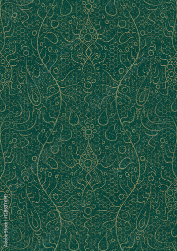 Hand-drawn unique abstract symmetrical seamless gold ornament and splatters of golden glitter on a dark cold green background. Paper texture. Digital artwork, A4. (pattern: p13-2d)