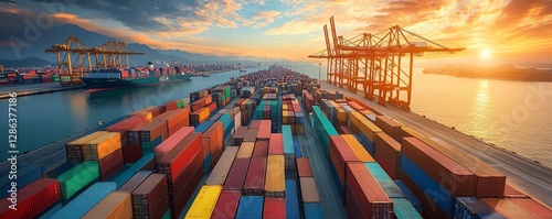 Wallpaper Mural Shipping containers stacked in a seaport, bustling logistics hub, large container vessels docked, cranes unloading goods, vibrant colors, ocean view, ultrarealistic, UHD clarity Torontodigital.ca