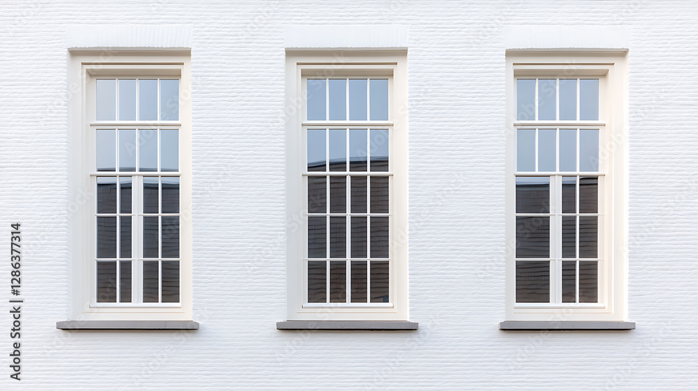 Three windows in a white brick wall, providing architectural detail and a sense of light and space. The symmetrical arrangement adds to its visual appeal. Three windows in a white brick wall, providing architectural detail and a sense of light and space. The symmetrical arrangement adds to its visual appeal.