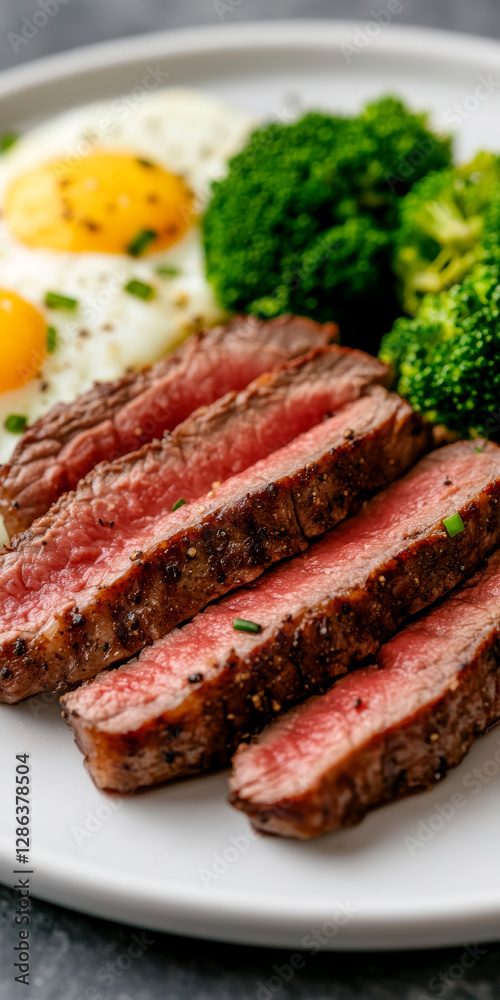 Juicy grilled steak with vibrant broccoli and sunny side up eggs on a white plate delicious breakfast meal Juicy grilled steak with vibrant broccoli and sunny side up eggs on a white plate delicious breakfast meal