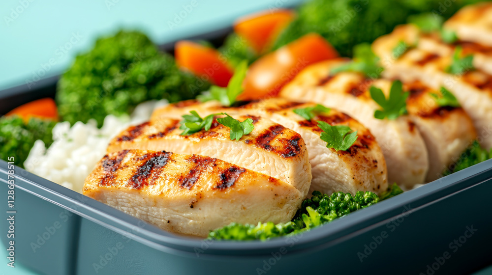 Grilled chicken breast with fresh broccoli and tomatoes in a healthy meal prep container Grilled chicken breast with fresh broccoli and tomatoes in a healthy meal prep container