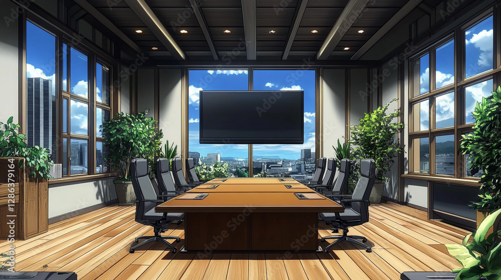 Naklejka premium Modern conference room interior design with large windows, city skyline views, and stylish office furniture for professional meetings and presentations