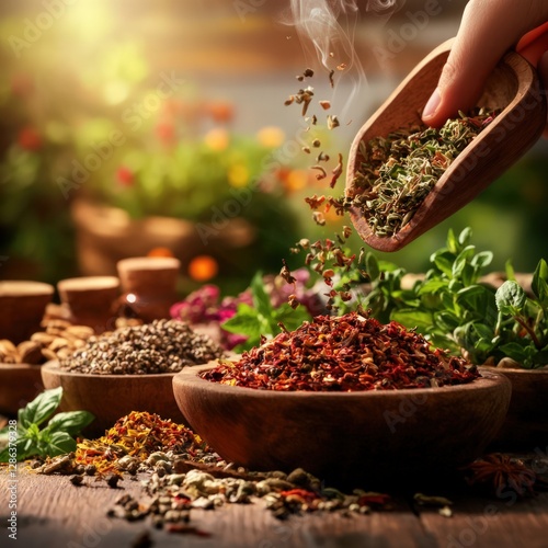 A Hand Scooping Earthy Spices into a Wooden Bowl Surrounded by Fresh Herbs and Flowers photo