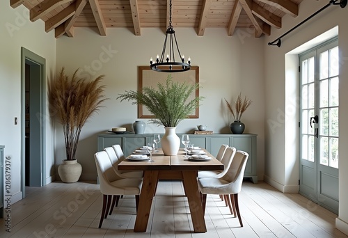 Coastal French Country Dining Room: Reclaimed Wood Table & Muted Blue Palette - Ultra-Realistic Interior Design with Natural Light, Eucalyptus, & Whitewashed Floors.

