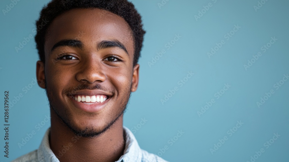 A young man smiling boldly with a direct gaze against a bright, solid-colored background. A young man smiling boldly with a direct gaze against a bright, solid-colored background.