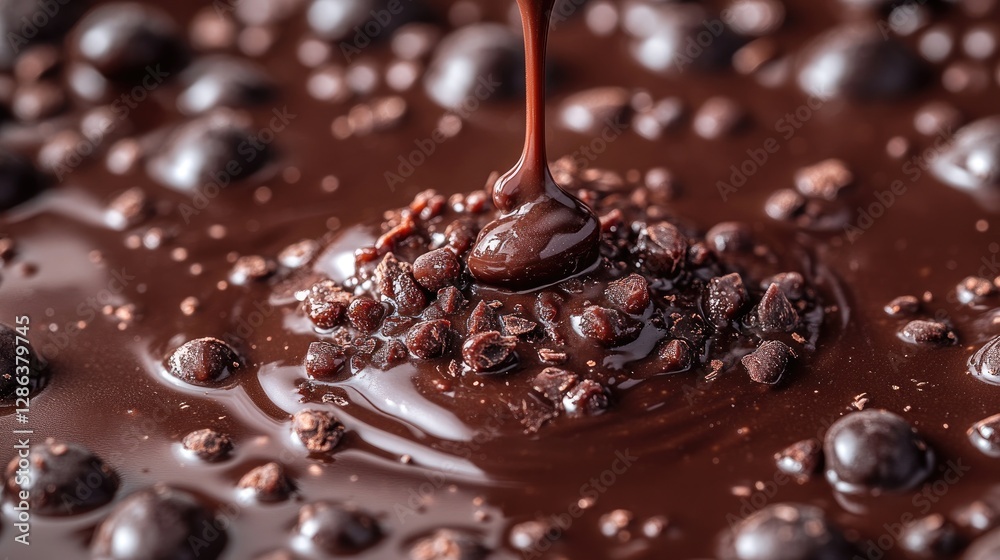 Melted Chocolate Pouring Over Chocolate Chips Melted Chocolate Pouring Over Chocolate Chips