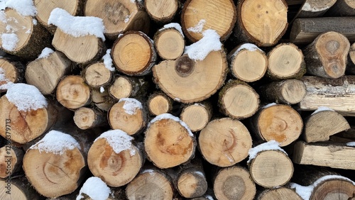 Snow-Dusted Stacked Firewood Logs in a Winter Outdoor Setting. Stacked wooden logs with a light dusting of snow, portraying a cozy winter environment and a rustic, natural atmosphere.