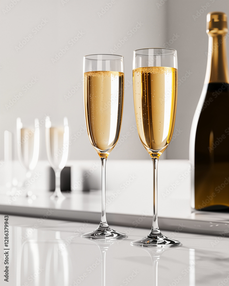 Elegant champagne glasses filled with bubbly beverage on a marble countertop with a bottle in the background Elegant champagne glasses filled with bubbly beverage on a marble countertop with a bottle in the background