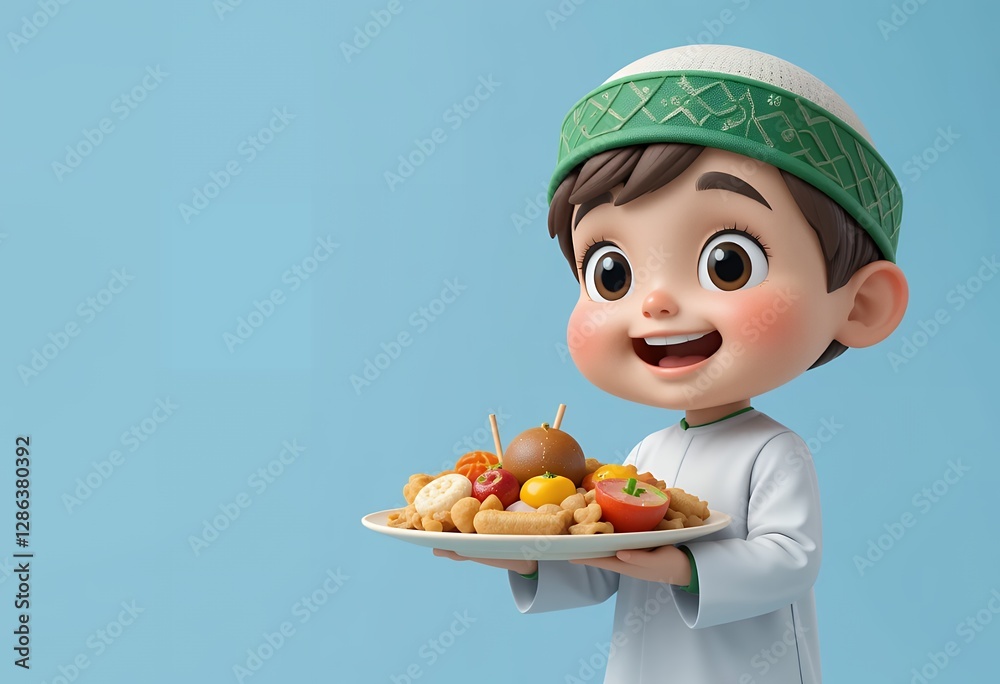 Character in green cap holding plate of assorted foods, Ramadan. Created with AI Character in green cap holding plate of assorted foods, Ramadan. Created with AI