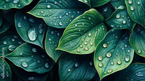 A high-resolution close-up of vibrant green leaves covered in fresh raindrops. deal for eco-friendly concepts, nature backgrounds, wellness, and relaxation themes