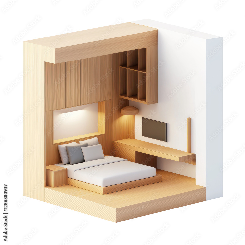 Fototapeta premium 3D isometric view of modern minimalist bedroom with wooden furniture, built-in shelves, cozy bed, wall-mounted TV, warm tones, and clean lines. Isolated on transparent background, png.