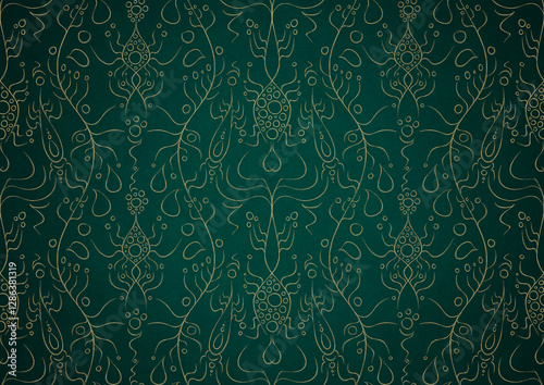 Hand-drawn unique abstract gold ornament on a dark green cold background, with vignette of darker background color. Paper texture. Digital artwork, A4. (pattern: p13-1b)