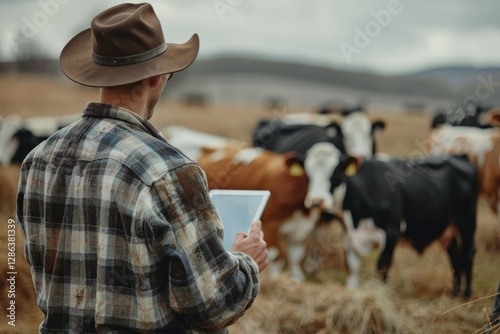 Cattleman Holding Tablet and Observing Domestic Animals for Milk Production