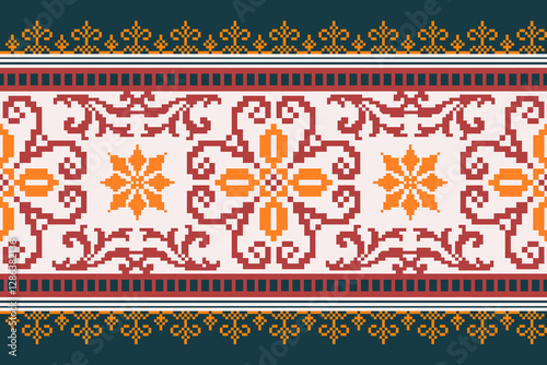 Seamless geometric pattern . pixel pattern. Design for clothing fabric textile ornamentation embroidery Hand stitched pattern . cultural stitching pixel art , Cross stitch pattern