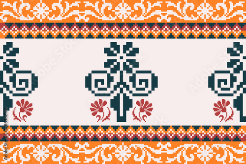 Seamless geometric pattern . pixel pattern. Design for clothing fabric textile ornamentation embroidery Hand stitched pattern . cultural stitching pixel art , Cross stitch pattern